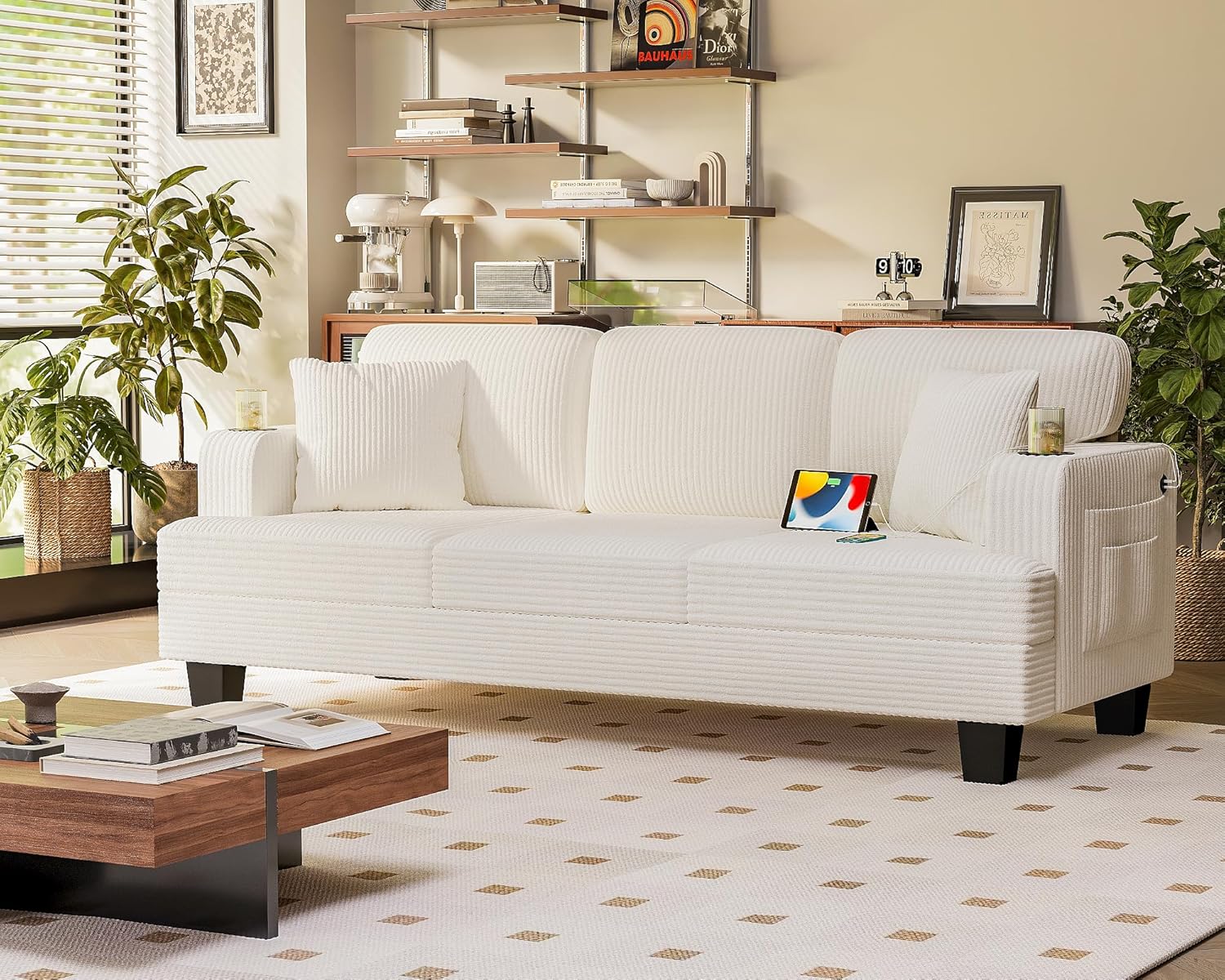 Homall 83” Sofas for Living Room, Comfy Couch with USB and Type-C Port, 3 Seater Sofa with 2 Pillows and Cup Holders for Apartment, Small Space, Corduroy (Cream)
