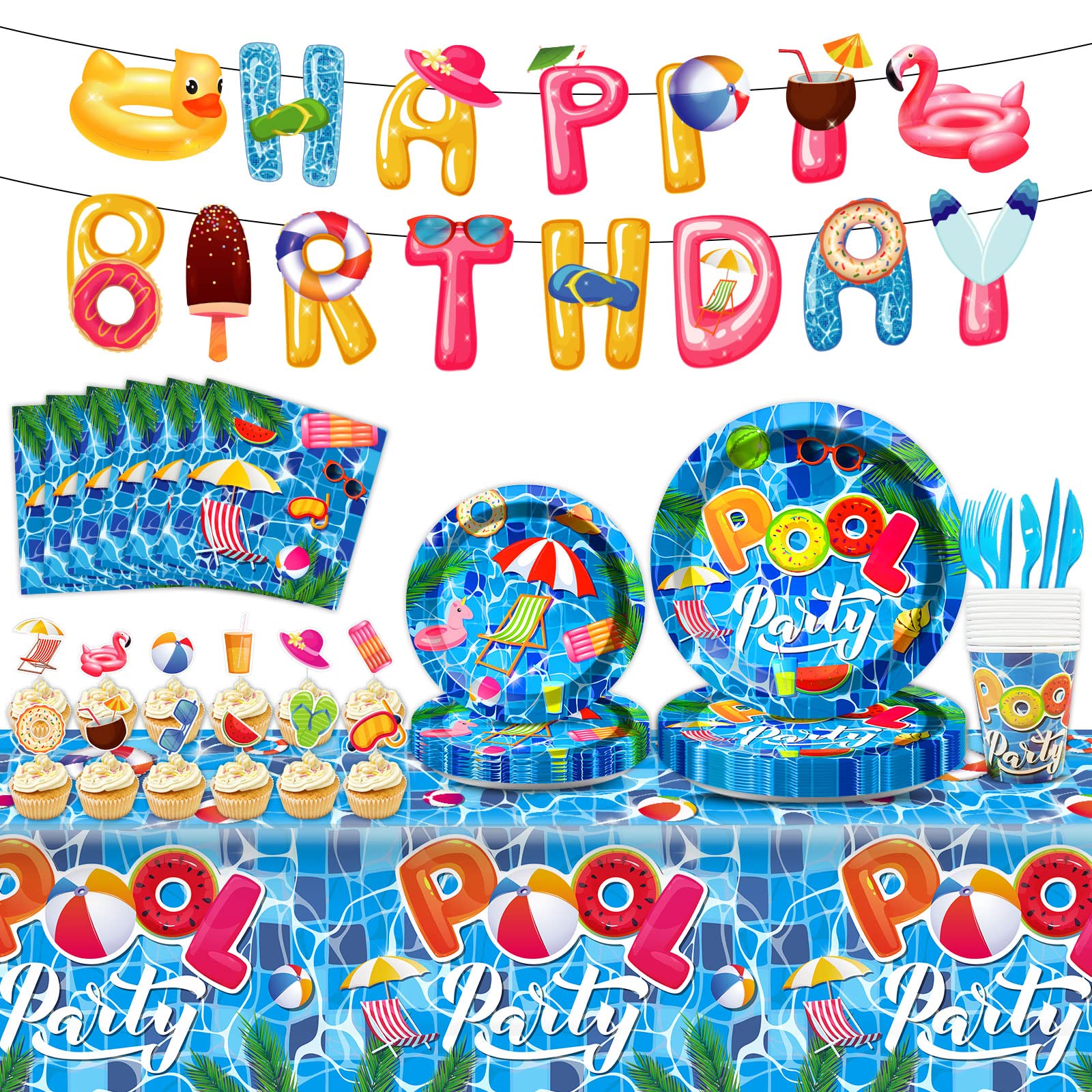 Serves 25 Beach Ball Pool Birthday Party Supplies - Summer Beach Pool Party Decorations Set Disposable Favors Includes Happy Birthday Banner, Plates, Cups, Napkins, Tableware, Tablecloth, Cupcake