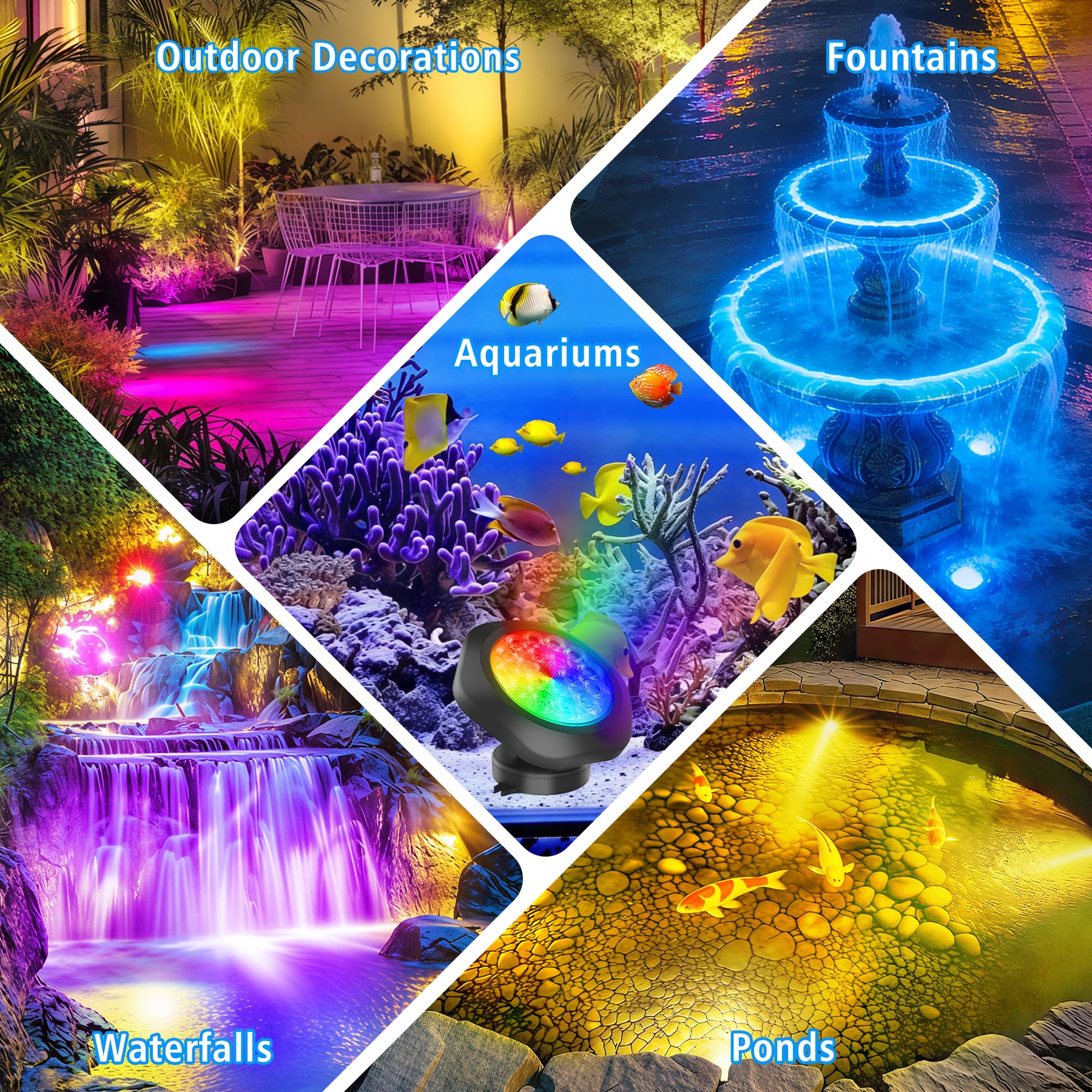 NATPOW Luci Sommergibili Piscina RGB, Luci per Laghetto con Picchetto Bluetooth Telecomando Controllabile, 5V Impermeabile IP68 Luce Subacquea per Acquari, Fontana, Laghetto, Giardino, 4 in 1
