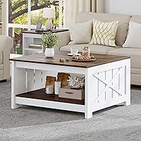 Vista 3 de Mesa de centro de granja con almacenamiento, mesa de cóctel de madera rústica, mesas de centro cuadradas para sala de estar, sala de reuniones