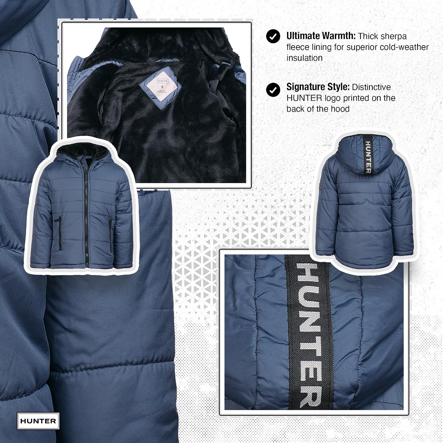 Hunter Boys Puffer Jacket – Hooded Winter Coat, Resistant, Plush Lined Zip Front Outerwear for Toddlers to Big Boys (12M–12Y)