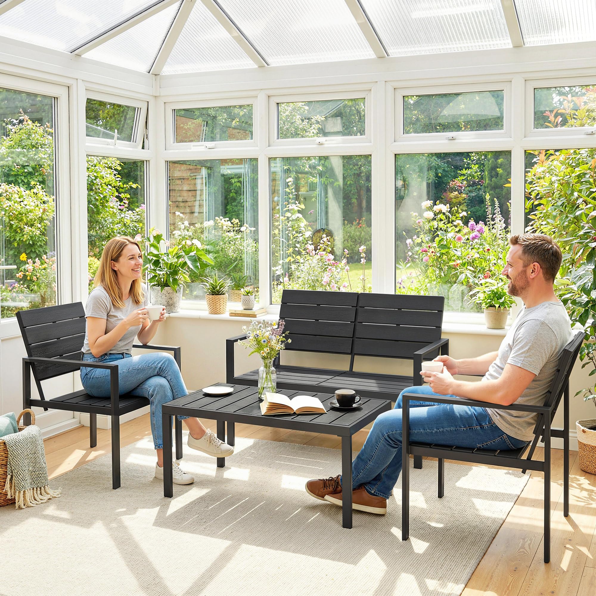 Outsunny Conjunto de Muebles de Jardín para 4 Personas, 4 Piezas, Negro | Sofá de Jardín, Sofá de 2 Plazas, 2 Sillones, Mesa de Centro, Estructura Metálica