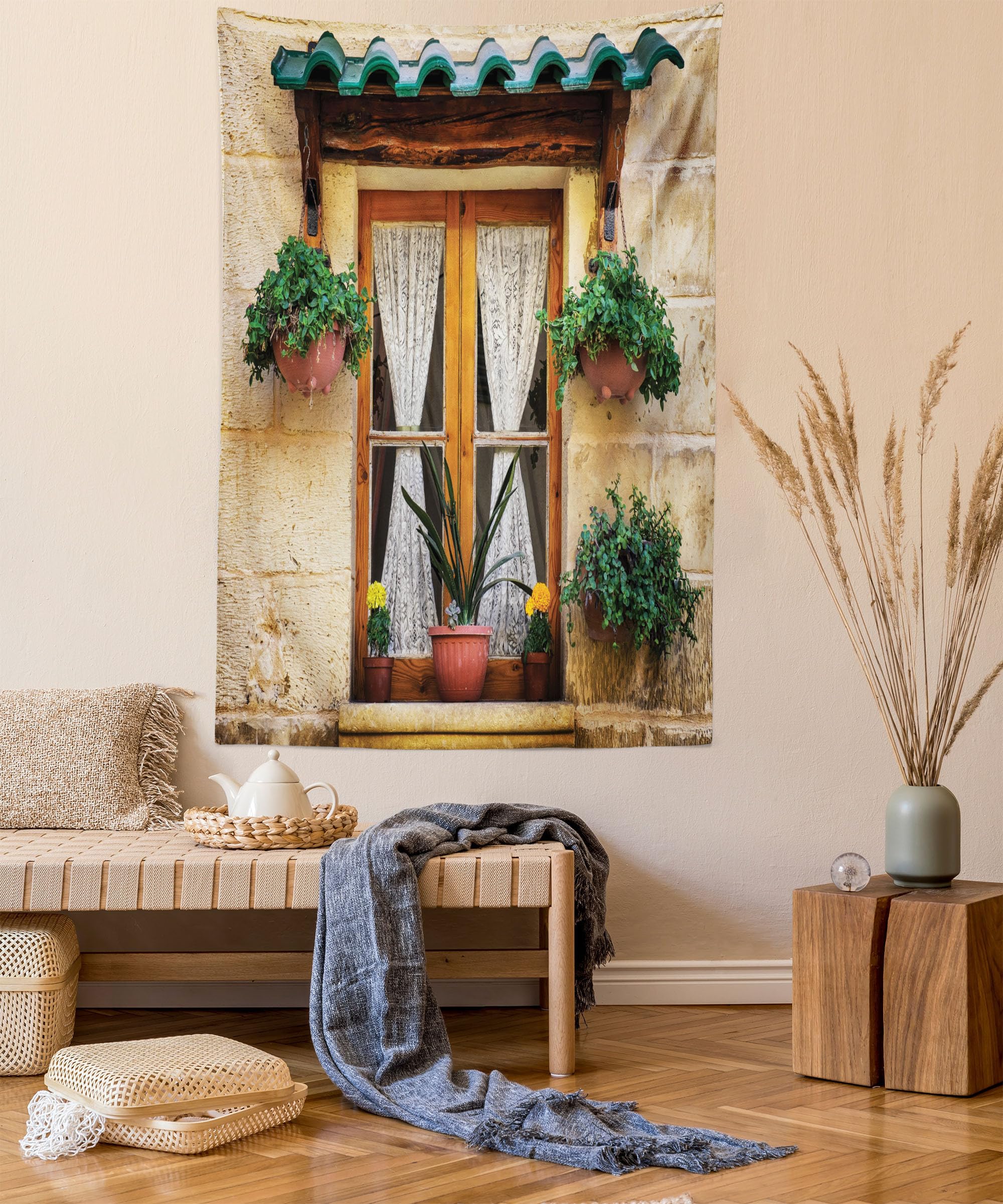 Arazzo Decorativo ABAKUHAUS - Vecchia Finestra Con Fiori, 150x110 Cm, Beige E Verde, Per Camera Da Letto E Soggiorno