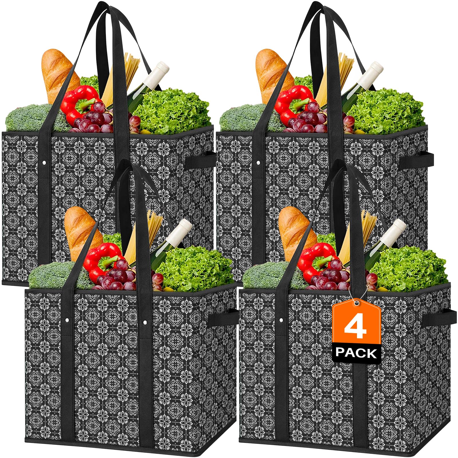 WISELIFE Reusable Grocery Bags [4 Pack],Large Grocery Tote Bag Water Resistant Shopping Bags Foldable Grocery Bag for Clothes,Shoes and Picnic,Black