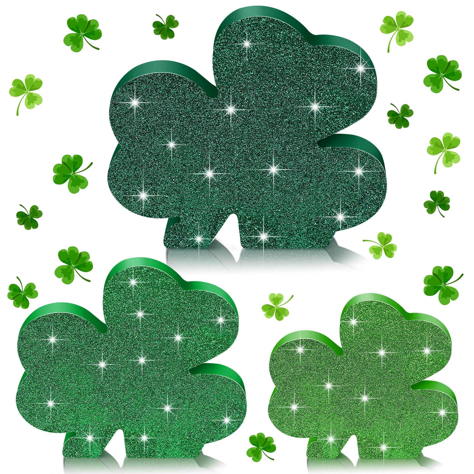 Trèfle en bois à paillettes rustique pour une décoration de table irlandaise étincelante x3