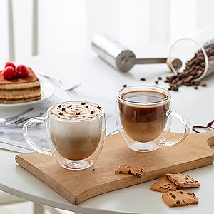 CNGLASS 8.5oz Glass Coffee Mug,Double Wall Insulated Glass Mugs with Handle,Clear Espresso Mugs for Latte,Cappuccino,Tea Bag,Set of 4
