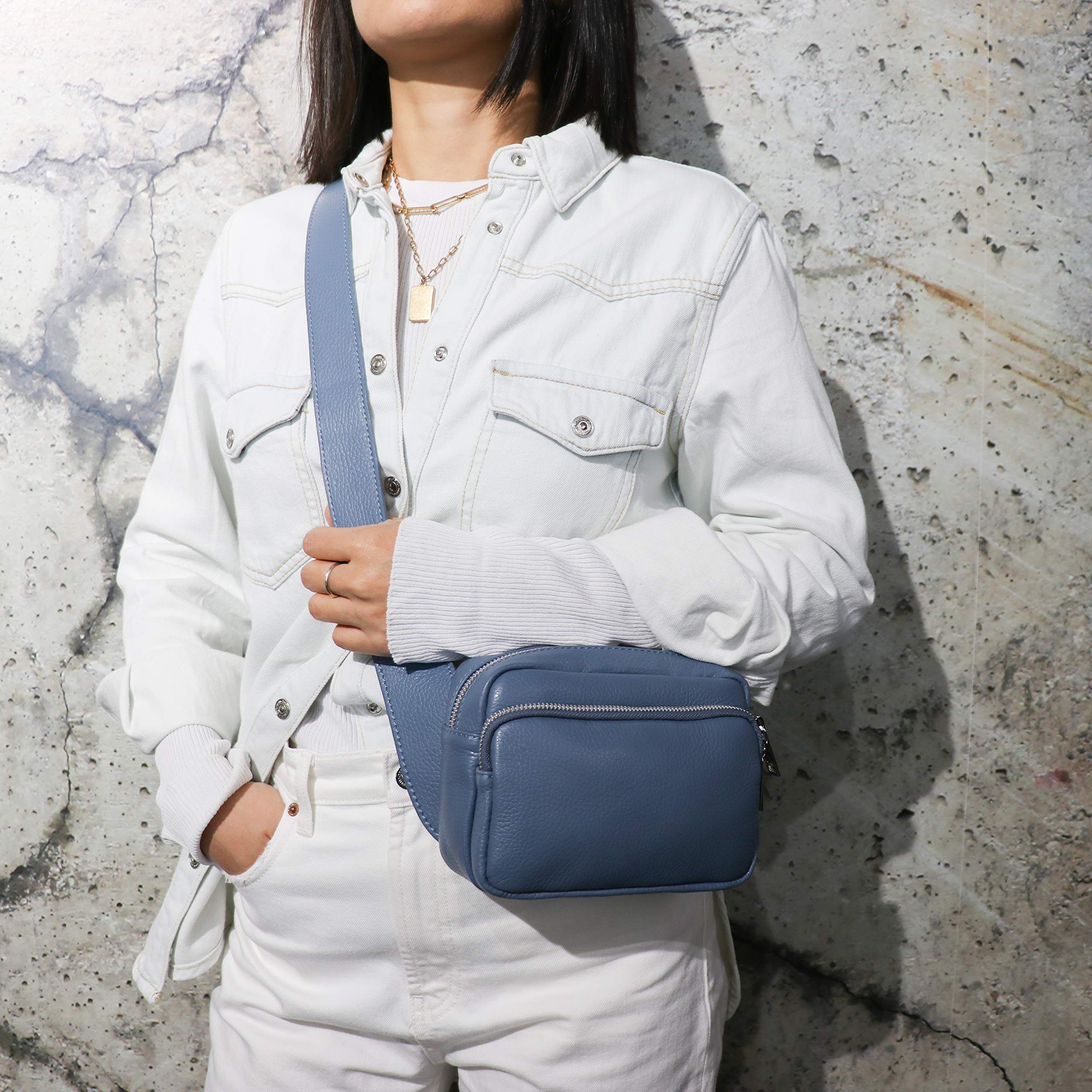 SH Leder Jsoo G412 Torba biodrowa z prawdziwej skóry dla kobiet i mężczyzn, unisex, na pasek, na festiwal, podróż, średnia torba crossbody, damska skórzana torba, 18 x 13 cm, antracytowa, metaliczna