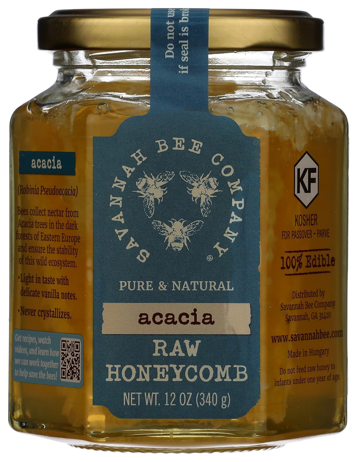 Savannah Bee Company Pure Raw Acacia Honeycomb - All Natural, Unfiltered Honeycomb (12 Ounce Hexjar)