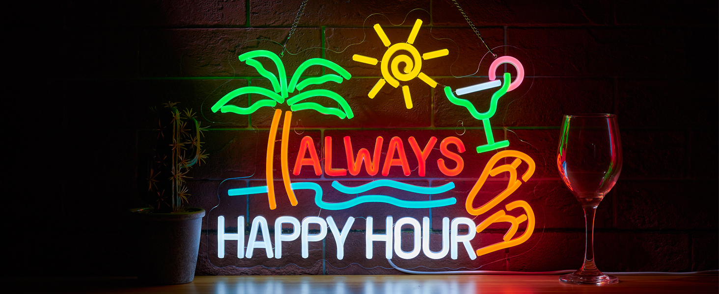 always happy hour☀️ Always Happy Hour Beer Bar Neon Sign for Wall Décor Dimmable USB
