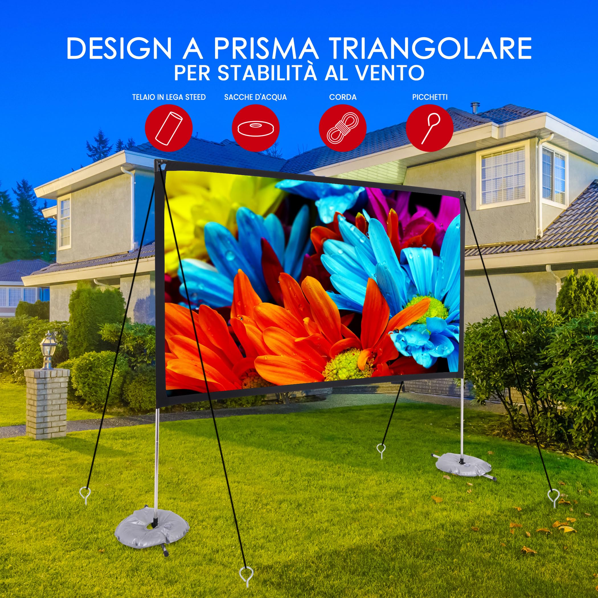 Pyle Telo Proiettore con Supporto, 305 cm 16:9 HD 4K Portatile, Leggero e Pieghevole, Schermo Proiettore da Interno/Esterno per Home Theater