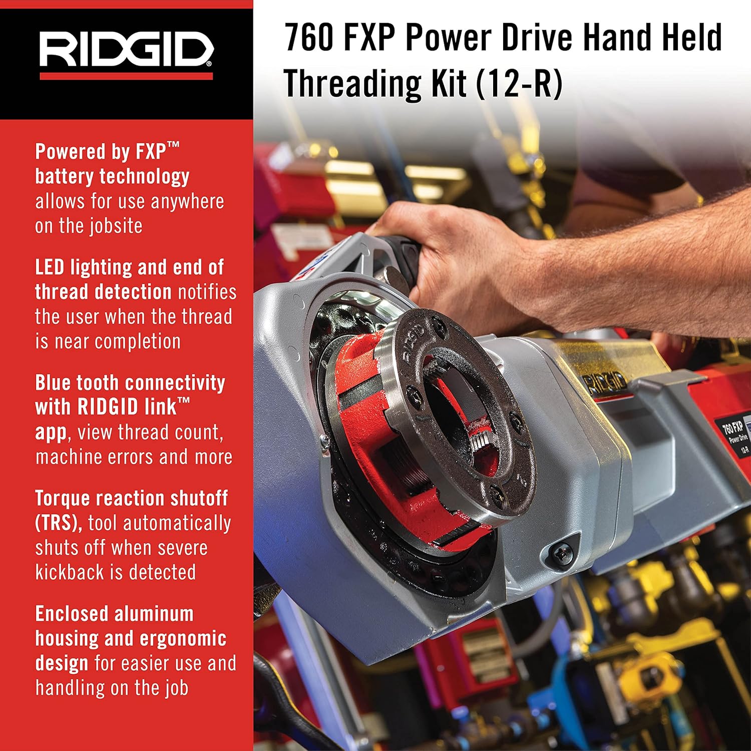 RIDGID 760 FXP Cordless Power Drive with 11-R Tool, 2 Batteries, Charger, Support Arm, and Case, Battery-Powered Pipe Threading Machine