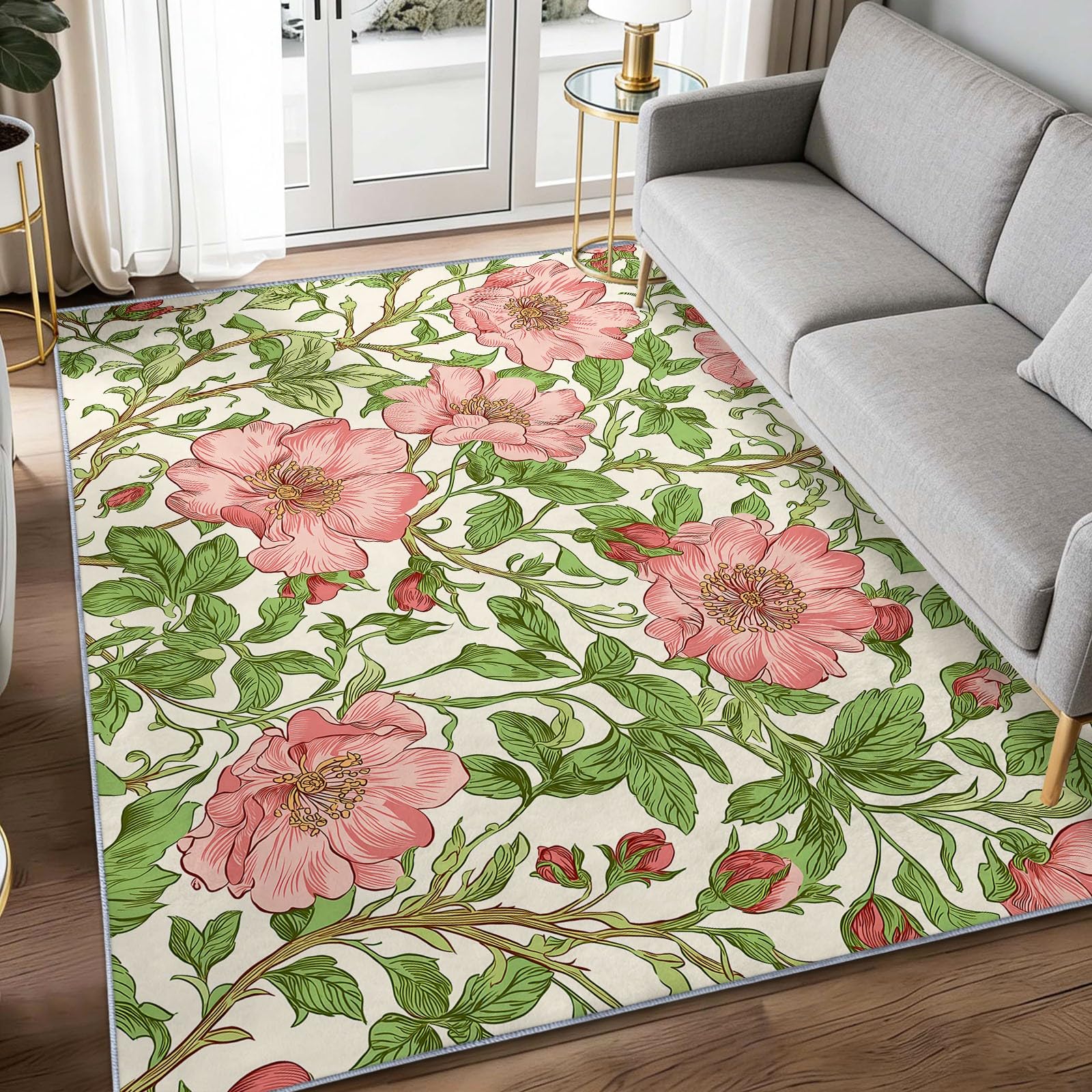 Tapis salon fleur de rose 120x180cm aux finitions soignées et dossier antidérapant