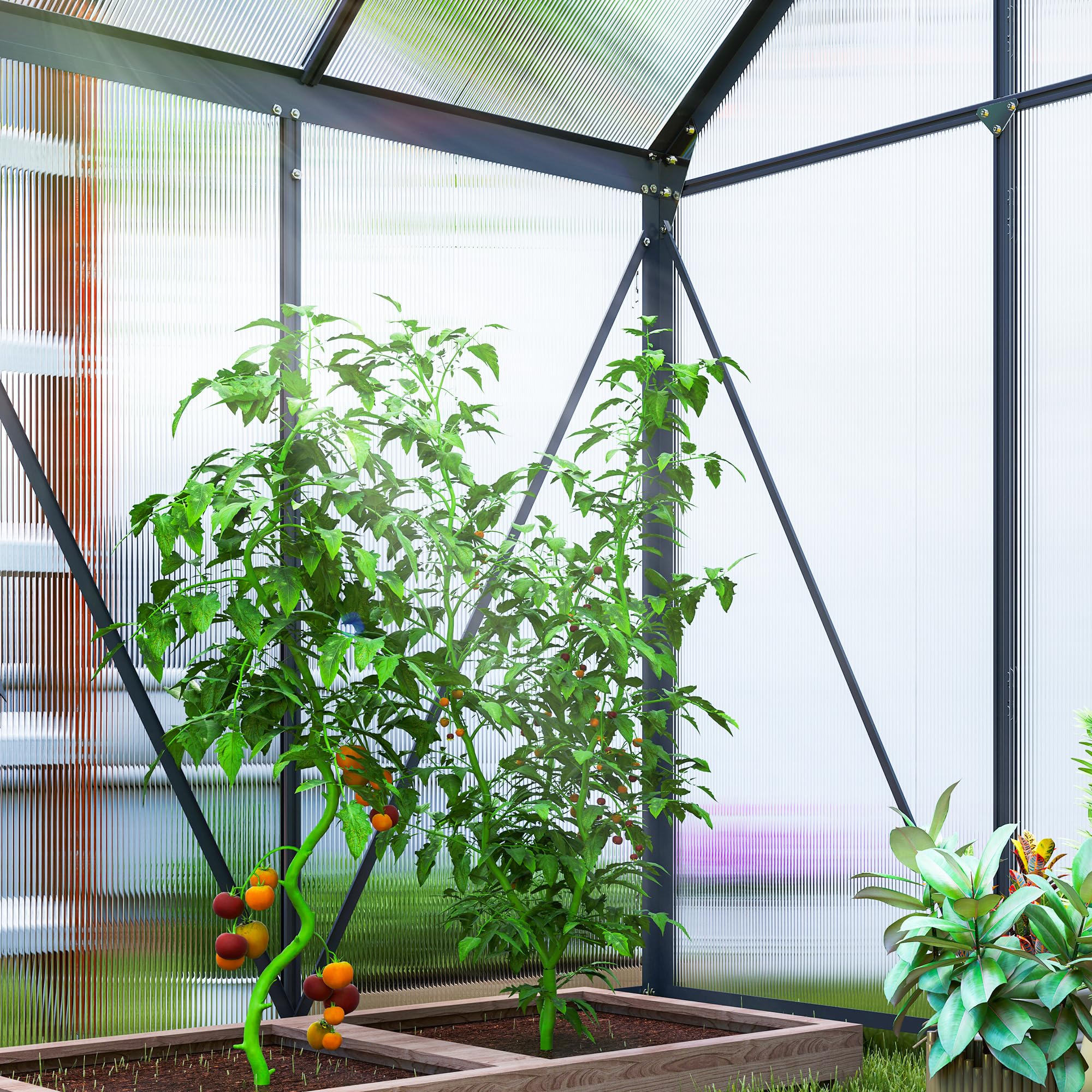 Outsunny Serre de jardin en polycarbonate avec cadre en alliage d'aluminium 2.5㎡, serre pour jardin avec fondation, gouttières, fenêtre de toit réglable, porte battante, pour plantes, anti-UV, gris