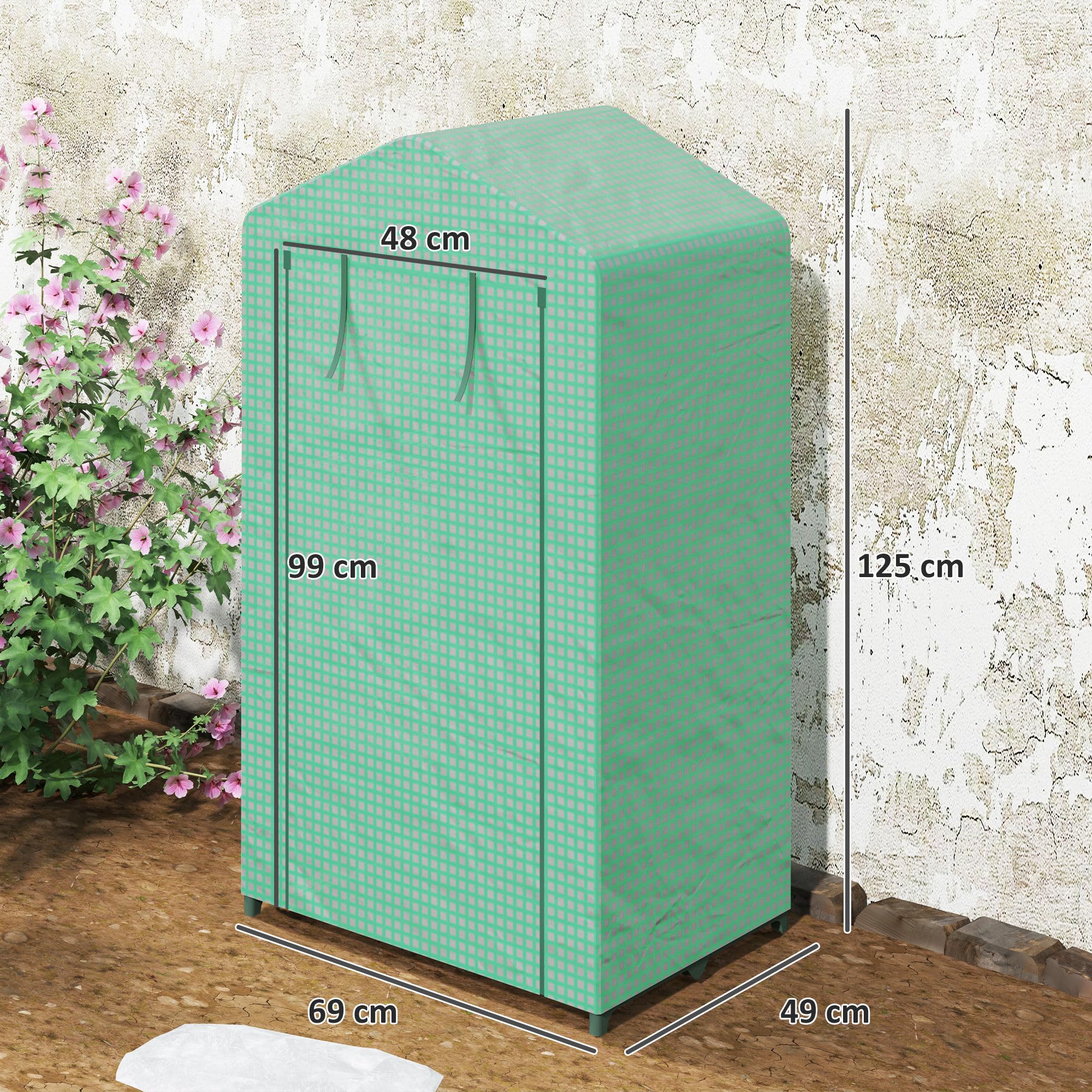 Outsunny Invernadero de Jardín de 3 Niveles, Invernadero de Exterior con 3 Estantes, Puerta Enrollable, Marco de Metal, Cubierta de PE, Anti-UV, Impermeable, para Terraza, Patio, 69x49x125 cm, Verde