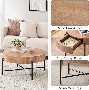 CABIHOME Round Coffee Table with Two Drawers Circle Center Table with Storage Farmhouse Coffee Table Living Room Wood Look Cocktail Table with Metal Frame Natural