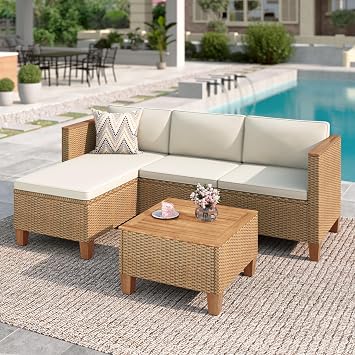MFSTUDIO Rattan Garden Furniture Sets 3 Pieces with Beige Cushion Outdoor Small L-Shaped Couch Sofa with Wood Table Garden Chaise & 2-Seat Chairs Wicker Outdoor Sofa Conversation Set for 4 People