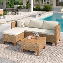 MFSTUDIO Rattan Garden Furniture Sets 3 Pieces with Beige Cushion Outdoor Small L-Shaped Couch Sofa with Wood Table Garden Chaise & 2-Seat Chairs Wicker Outdoor Sofa Conversation Set for 4 People