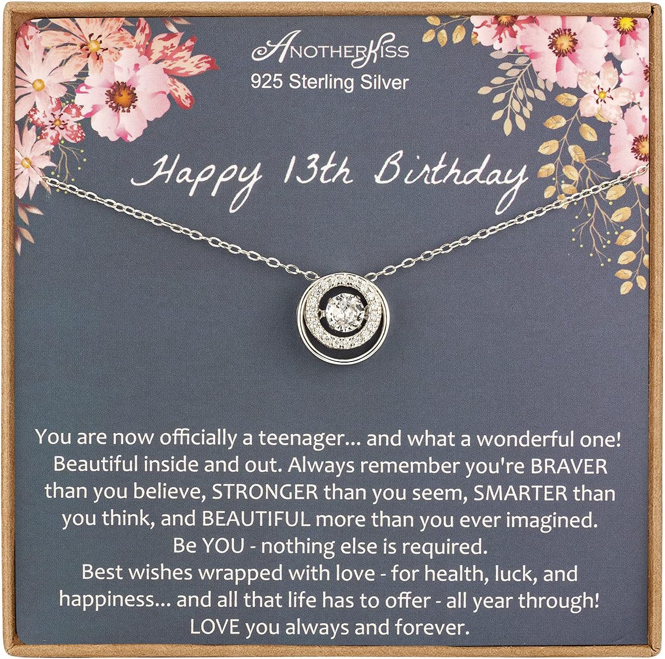 Happy 13th Birthday Gifts for Girls, Sterling Silver Necklace Presents for 13 Year Old Girls, New Teen, Friendship CZ Jewellery, Bat Mitzvah Gift Ideas for Her