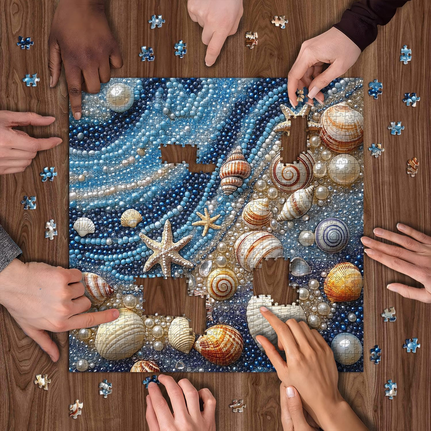 Beach 1000 Piece Puzzles for Adults, PICKFORU Mosaic Gradient Sea Jigsaw Puzzles Jewel Seashells, Challenging Hard Unique Pearl Shell Ocean Theme as House Decor