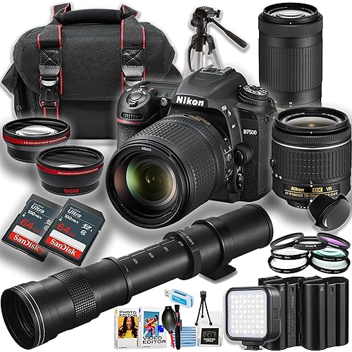 Nikon D7500 DSLR Camera w/AF-P 18-55mm, AF-P DX NIKKOR 70-300mm ED VR and 420-800mm Telephoto Lens + SanDisk 64GB Ultra Memory Card + Camera Case + Spare High-Capacity Battery + More (21pc Bundle)