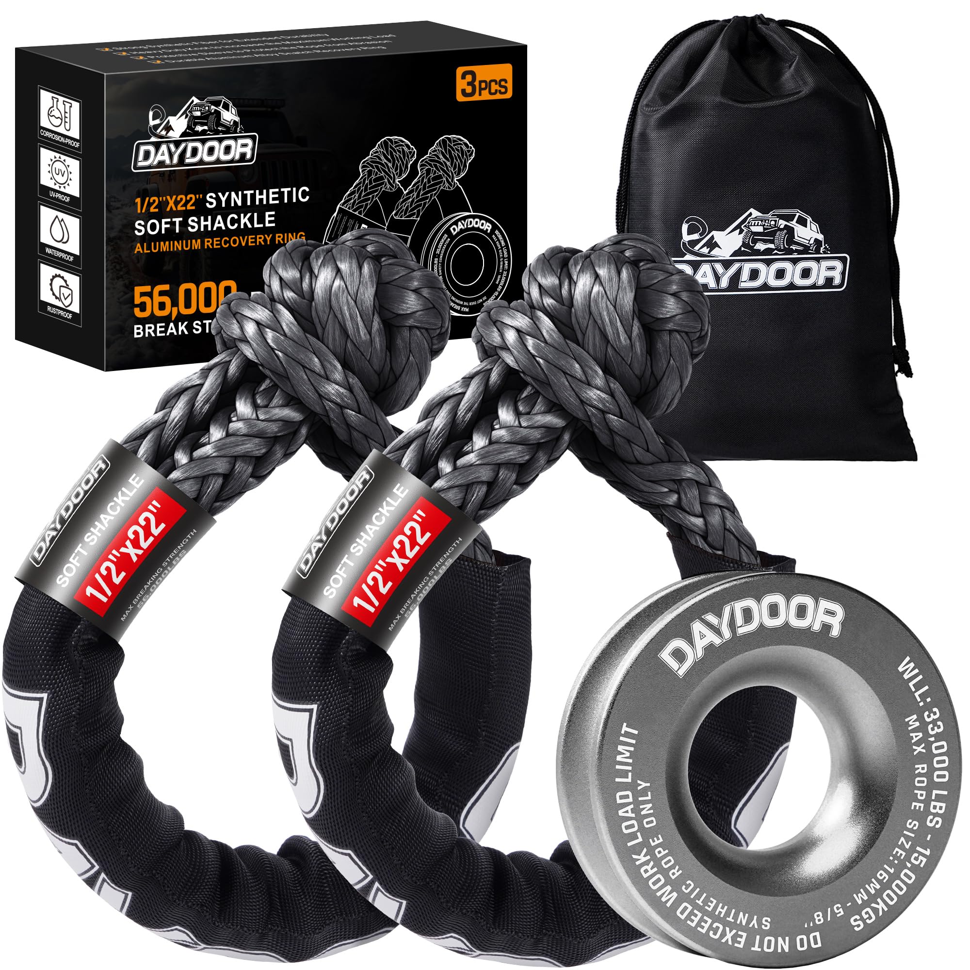 DAYDOOR Synthetic Soft Shackle & Winch Recovery Ring Kit, 2 PCS 1/2'' x 22'' Recovery Soft Shackle(56,000Lbs Breaking Strength), 1 PCS Snatch Recovery Ring for ATV UTV Off-Road Vehicles(Gray Ring)