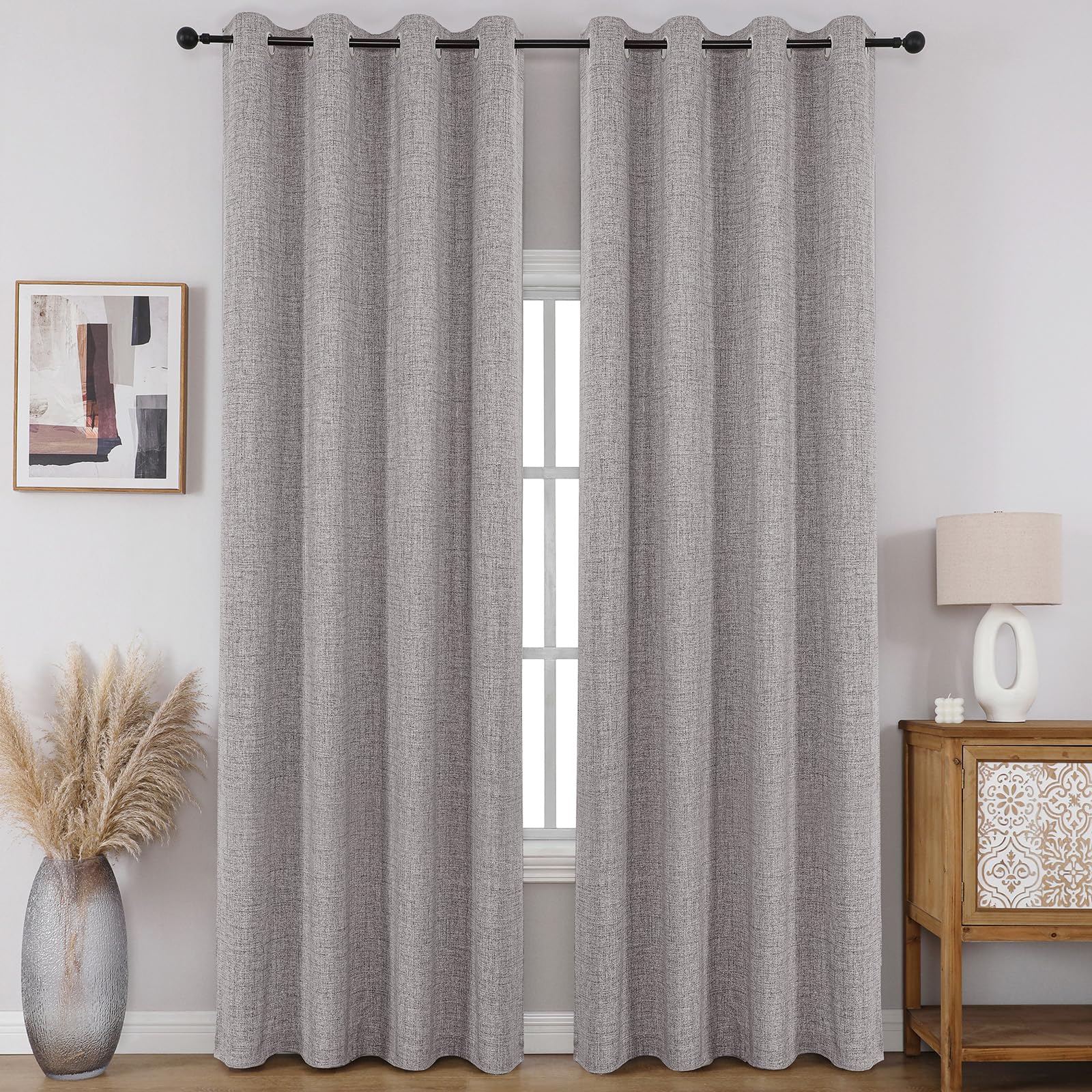 CUCRAF 100% Blackout Window Curtains 72 inches Long 2 Panels Set, Faux Linen Look Thermal Insulated Grommet Drapes, Room Darkening Curtain for Bedroom Living Room(W52 x L72 Inch, Light Grey)