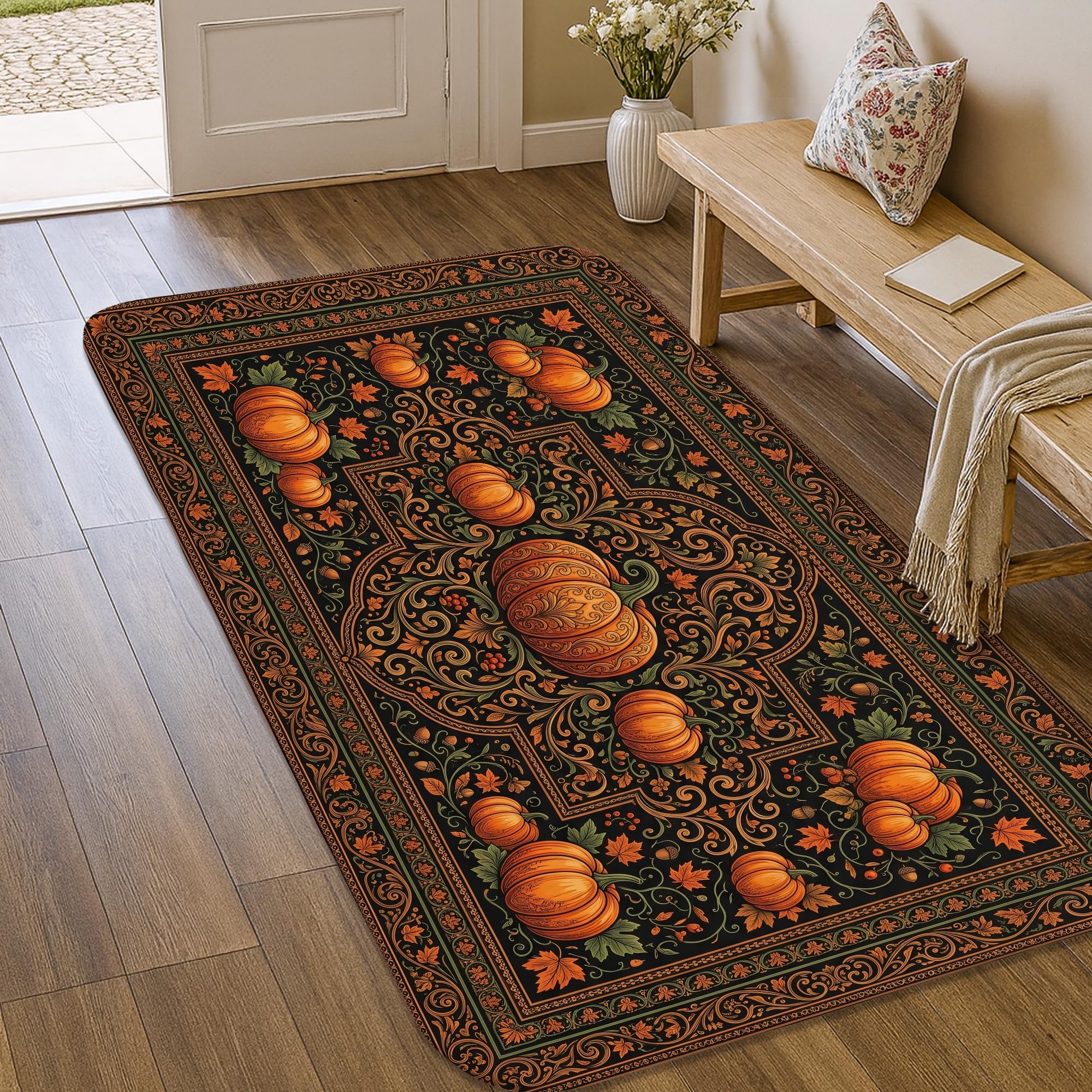 Alfombra de área de calabazas floral rústica de 3x5 pies antideslizante