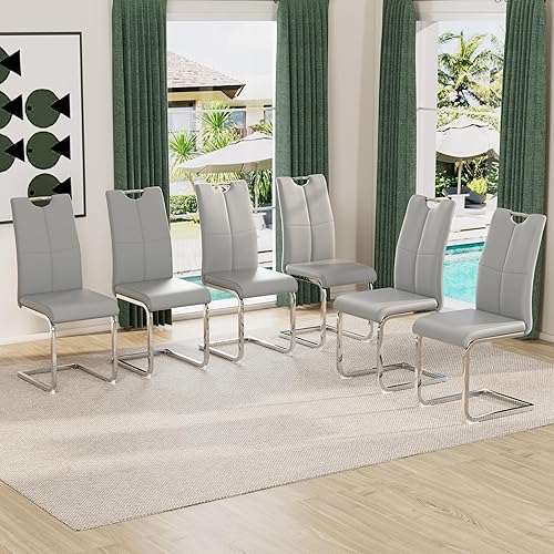 Miniatura 41 de Juego de 6 sillas de comedor modernas de piel sintética con respaldo alto y patas de metal plateado para cocina, comedor, color blanco Blanco con