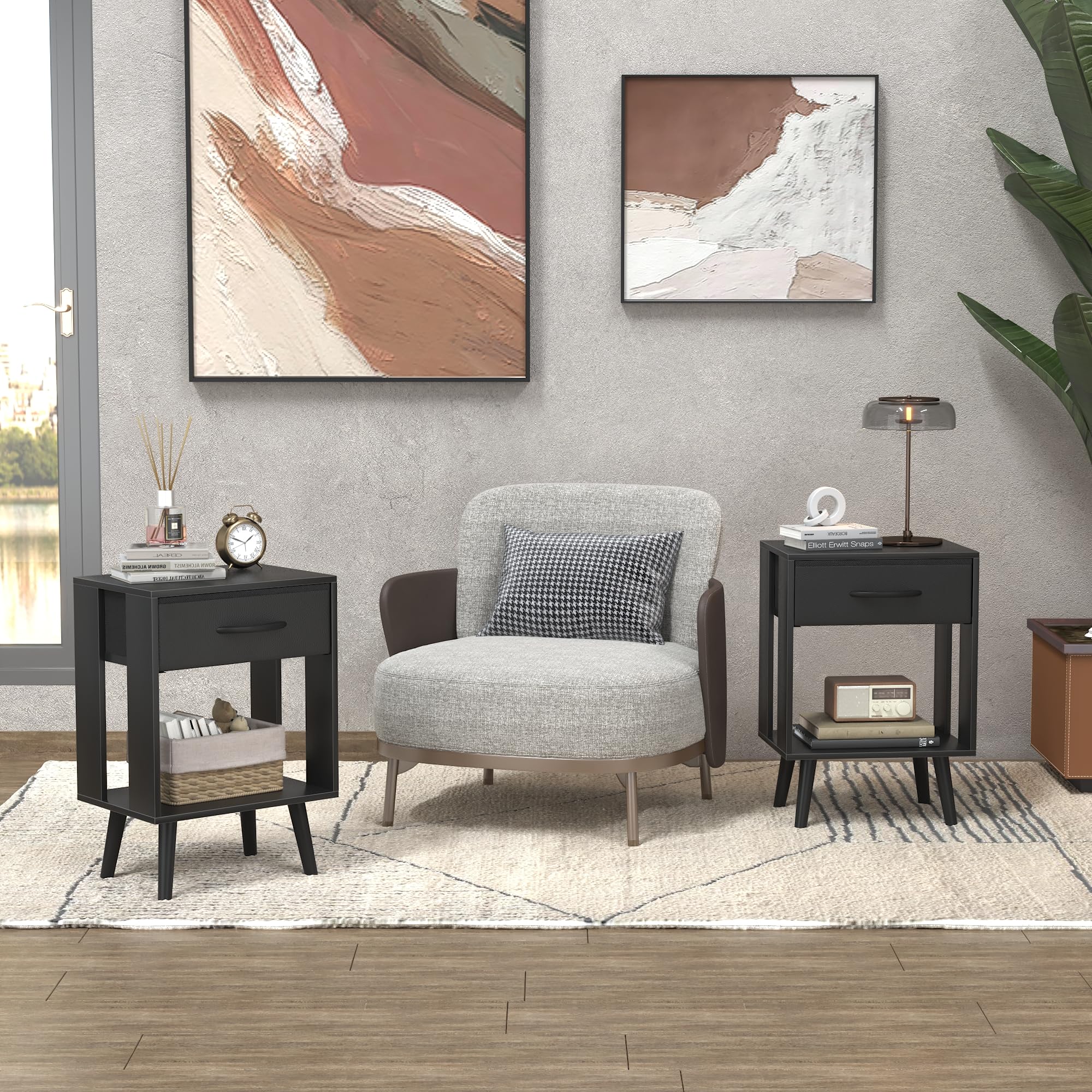 Nachttisch 2er Set, 40X 30 X 60.3cm Nachttisch, Klein Nachttische mit Schublade Nachtschrank für Schlafzimmer Kinderzimmer Zimmer Geschenk Bedside Table Nightstand, Schwarz