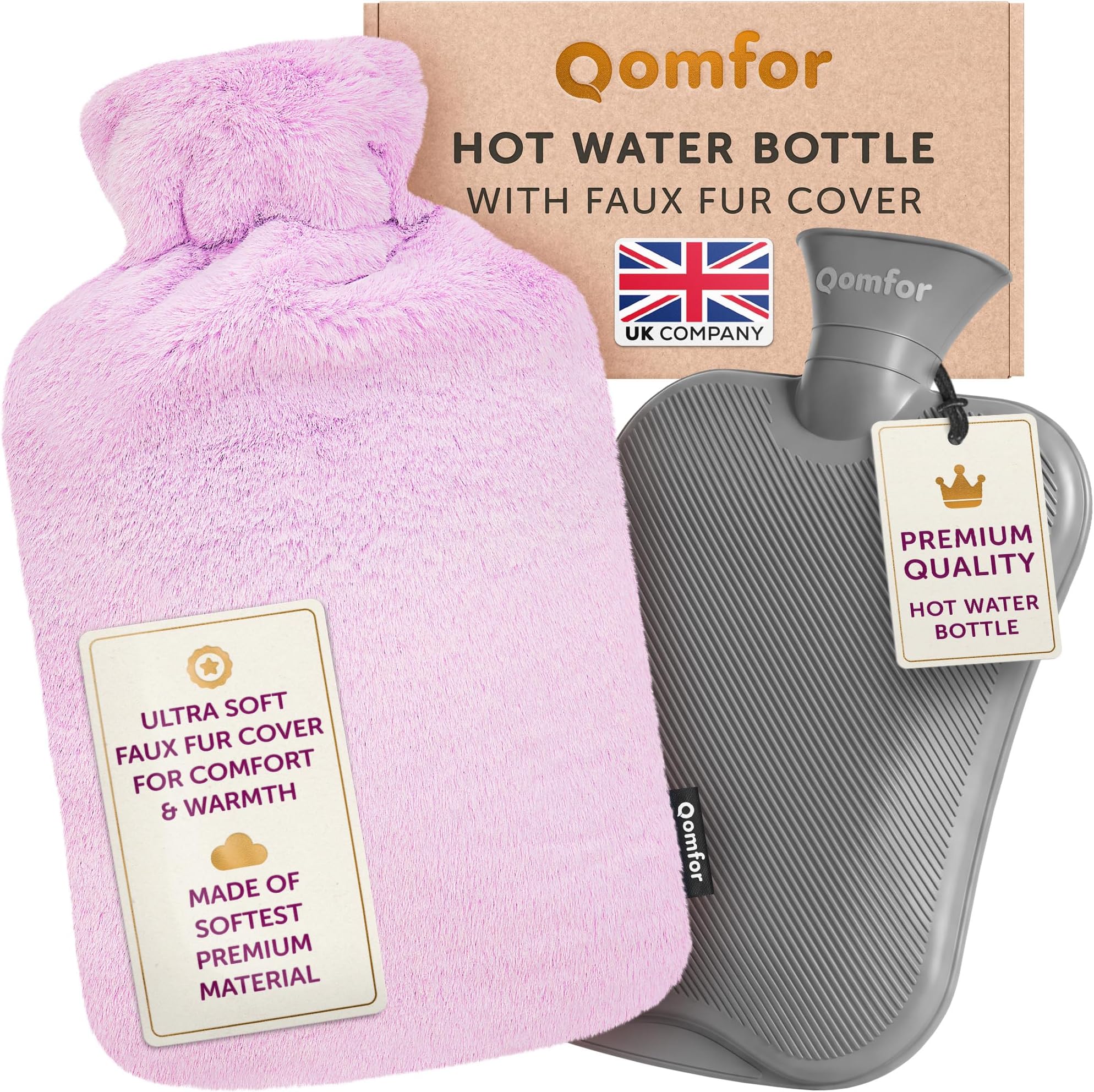 Hot Water Bottle with Soft Fluffy Cover, Candy Pink, 2 L