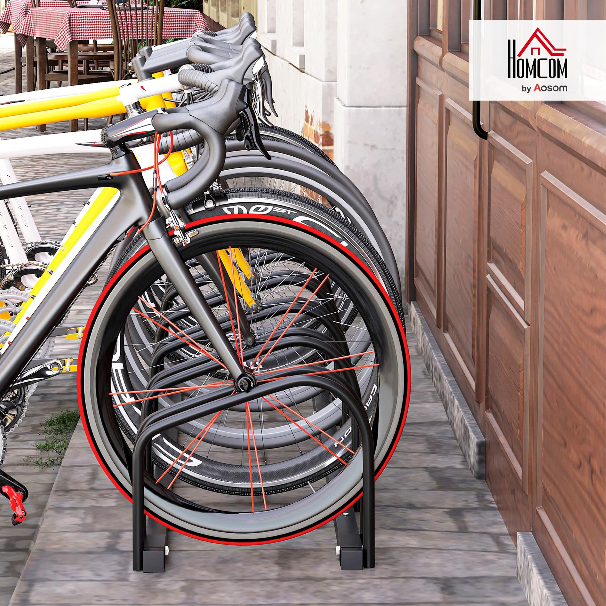 HOMCOM Rastrelliera Biciclette da Pavimento o Parete, Portabici da Terra per 6 Biciclette in Acciaio, Ruote Fino 65 mm, 179x33x27 cm, Nero