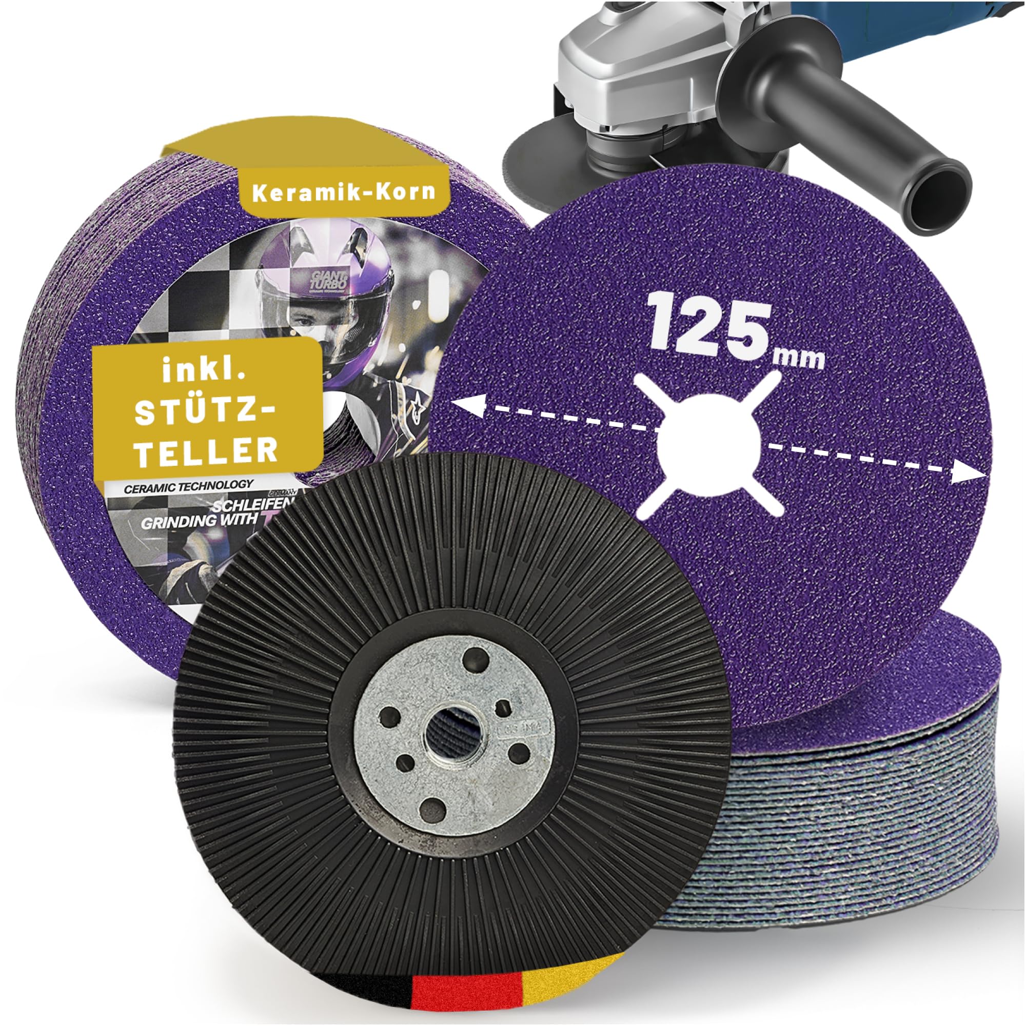 STARCKE® Fiberscheiben 125mm Metall für Winkelschleifer [25x] SET mit Stützteller - MADE IN GERMANY - GIANT TURBO - Fiberscheibe & Flexscheibe - für Stahl, Edelstahl, Aluminium, Titan (P36)