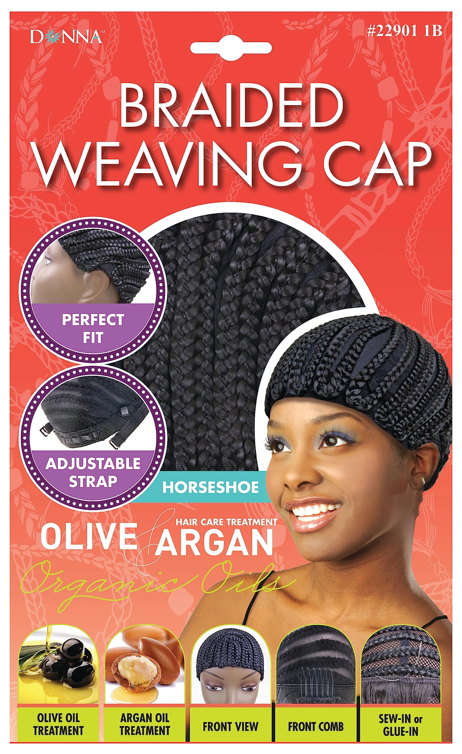 DONNA Braided Weaving Cap with Olive and Argan Oil - Horseshoe Design for Sew-in or Glue-in Wigs - Adjustable Strap and Front Comb for Secure Perfect Fit - Hair Care Treatment, 1B Off Black
