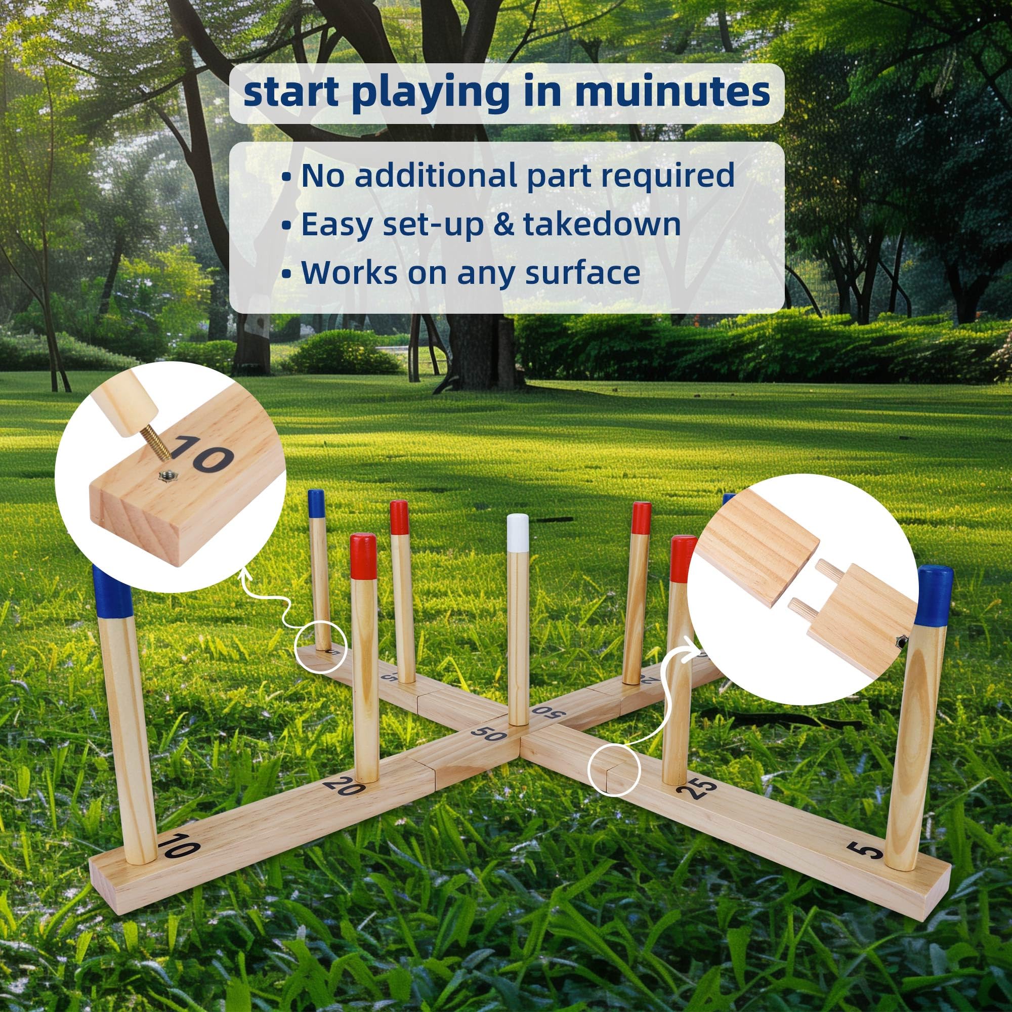 Extra Large Ring Toss Game for Adults & Kids, 30" Wooden Ring Toss Game Outdoor Fun with 9 Poles - Image 3