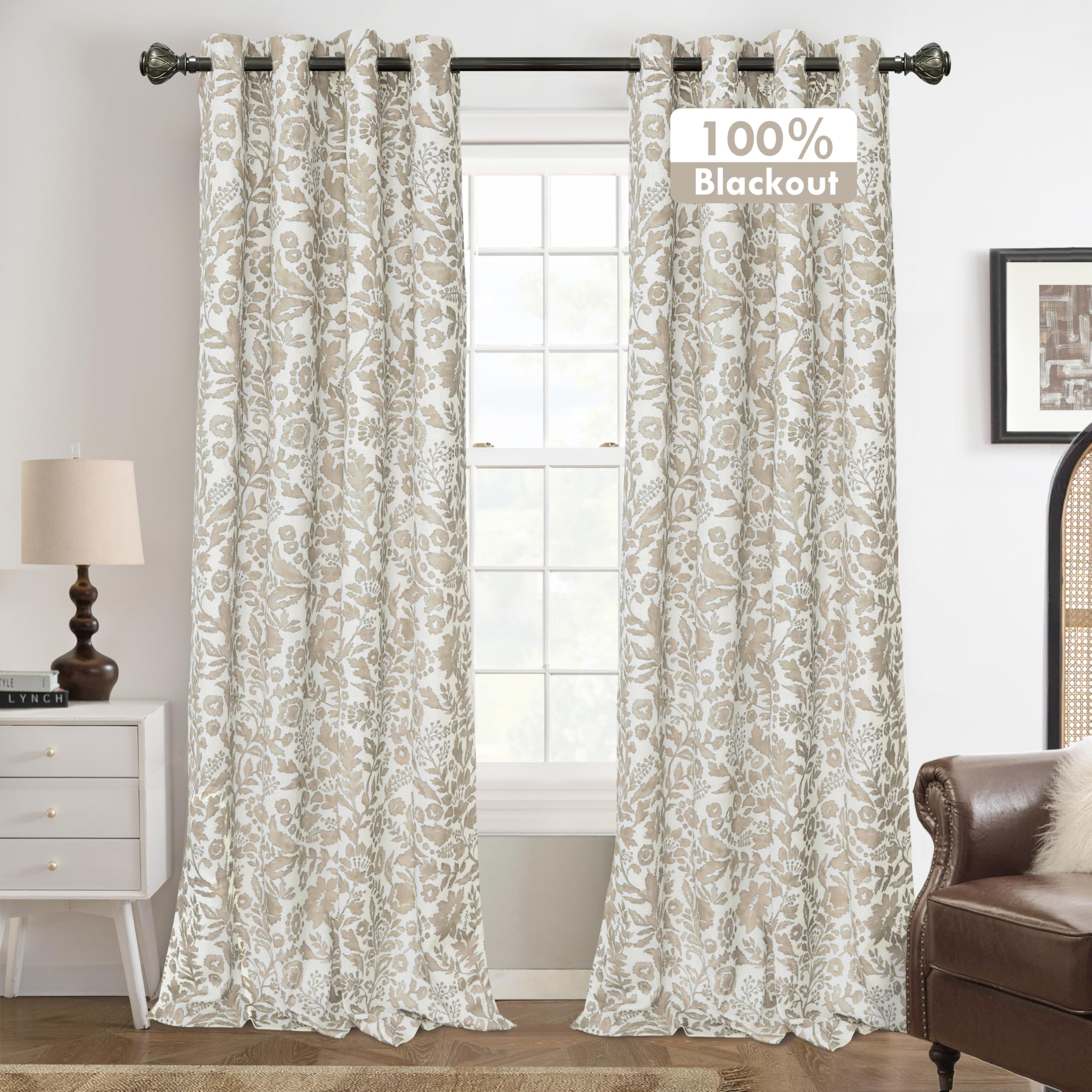 driftaway julia watercolor blackout room darkening lined thermal insulated energy saving window curtains 2 layers 2 panels each size 52 inch by 84 inch camel beige