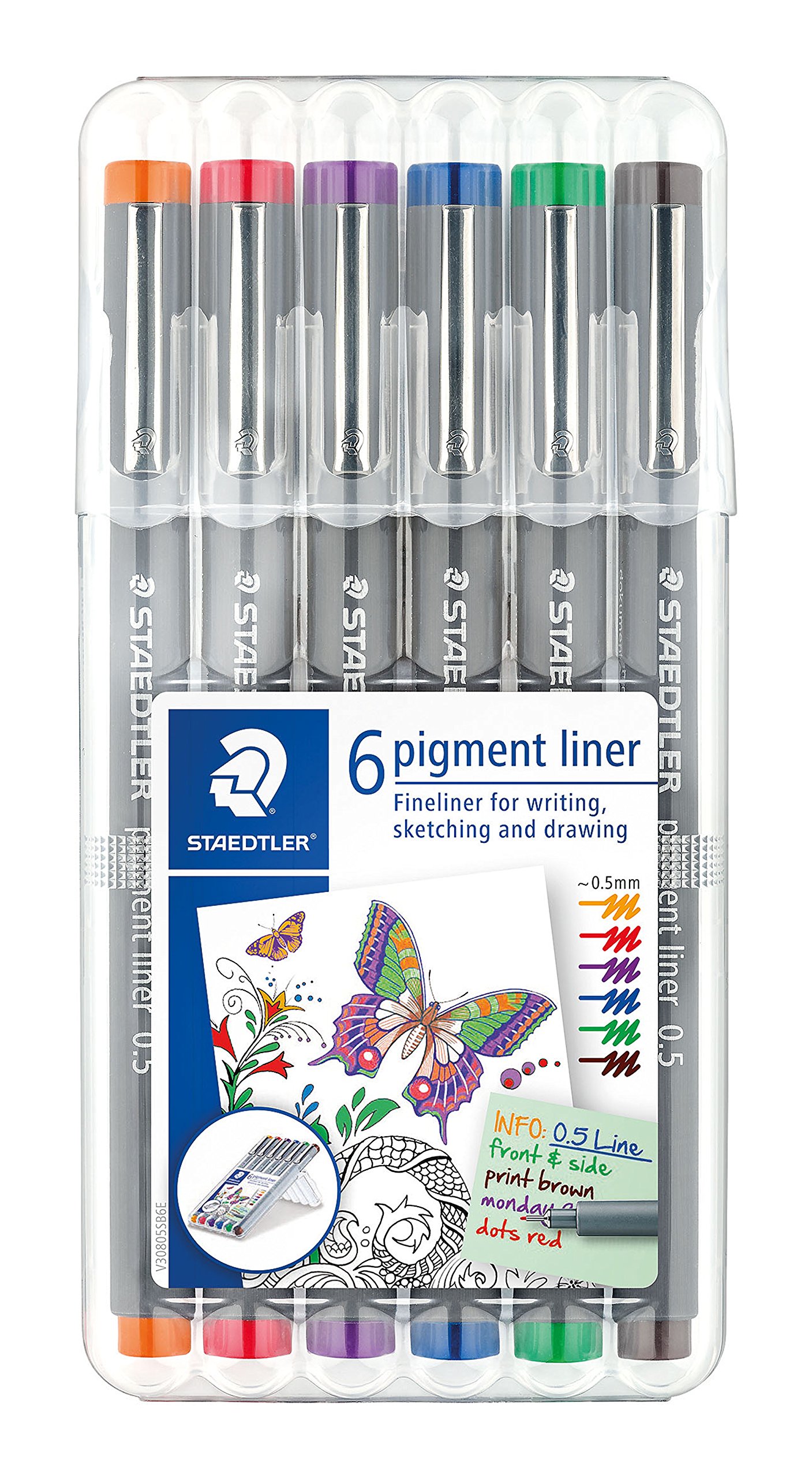 Staedtler Pigment Liner Fineliner 6er Set, mit Box (5X Sortiert 0,5mm)