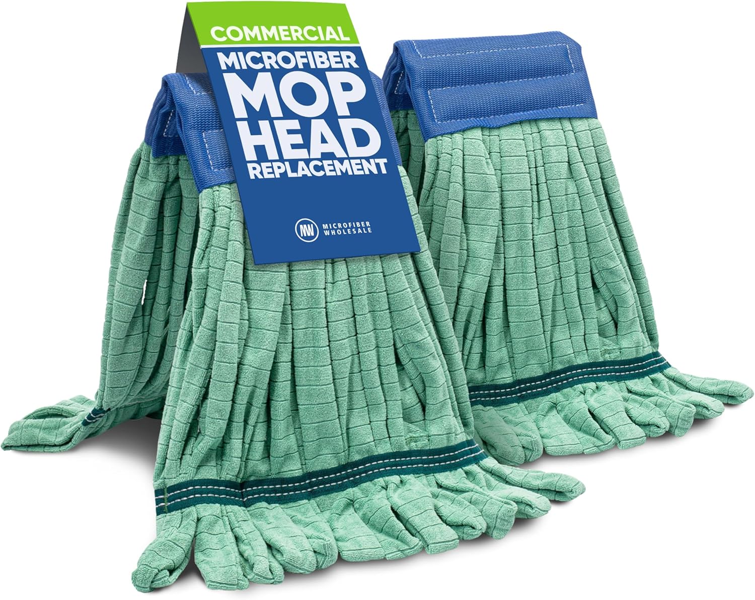 Commercial Mop Head Replacement – 2 Pack Medium Green Microfiber Tube Mop | Industrial Wet Mops | Refill Heads, Machine Washable, Heavy Duty | Hardwood, Tile, Laminate, Vinyl Floors