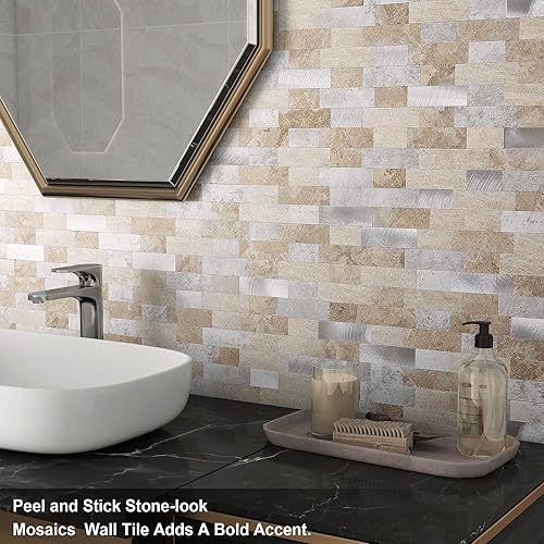 Miniatura 3 de BeNice Adhesivos para azulejos de cocina, ladrillo 3D mate, azulejos adhesivos de mosaico lineal para baño, ducha, pared, chimenea (5 unidades,