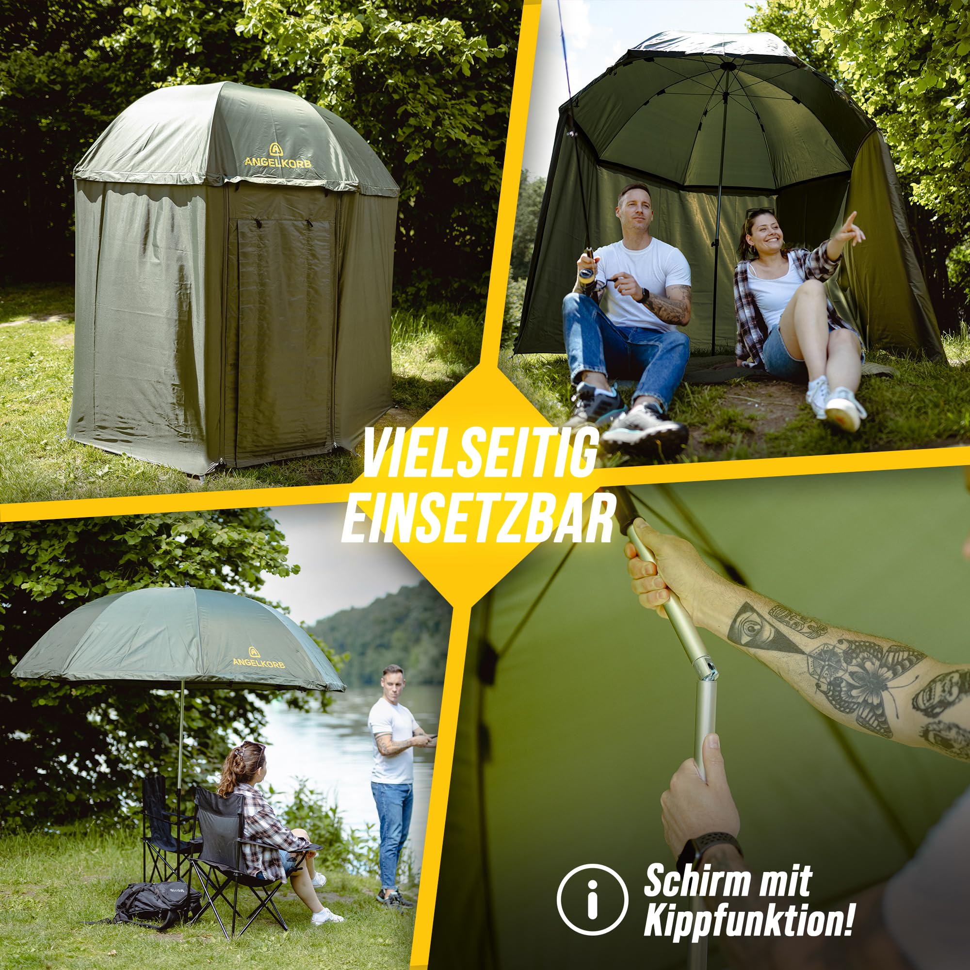 Angelschirm mit Seitenwand 2,50 m – Angel Sonnenschirm & Schirmzelt, wasserabweisend, Moskitoschutz, 45° neigbar – Karpfenzelt für Camping & Outdoor