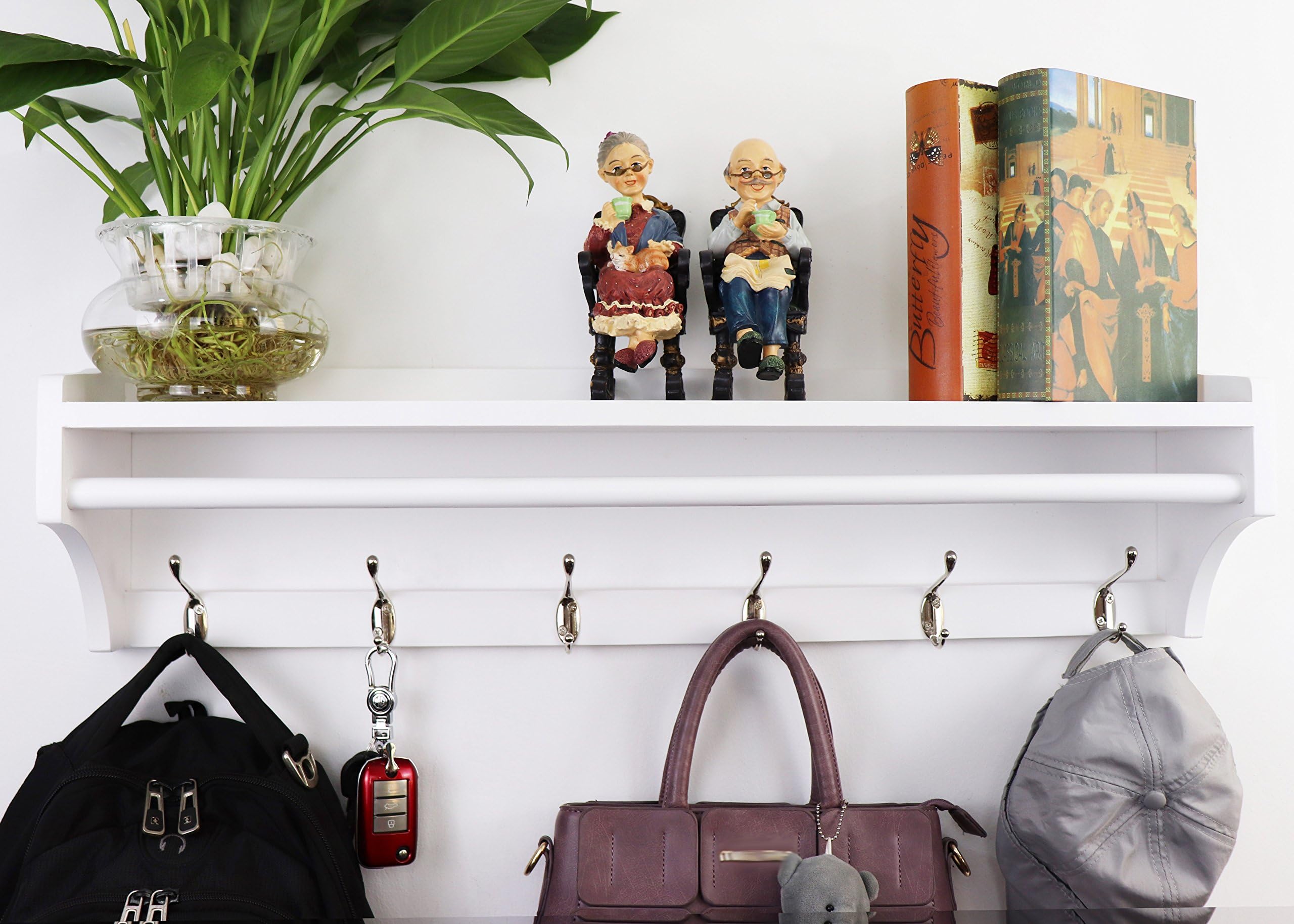 Wall Coat Rack Solid Wooden Hanger 6 Hooks Entryway Wall-mounted Coat Rack Simple Storage Display Stand Shelf(White paint color, 6 hooks = 79.5cm)