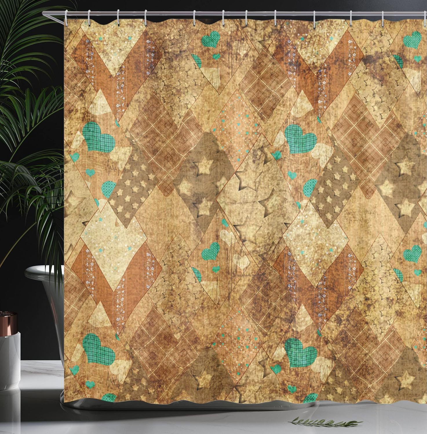 Ambesonne Abstract Shower Curtain, Murky Vintage Geometric Diamond Triangle Formed Patchwork Quilt Motif Art, Cloth Fabric Bathroom Decor Set with Hooks, 69" W x 70" L, Green Sand Brown