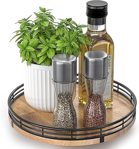 Miniatura 33 de Tabla giratoria redonda de roble de 9 pulgadas para organización en gabinetes, estilo rústico, para almacenamiento en mesa del comedor, despensa,