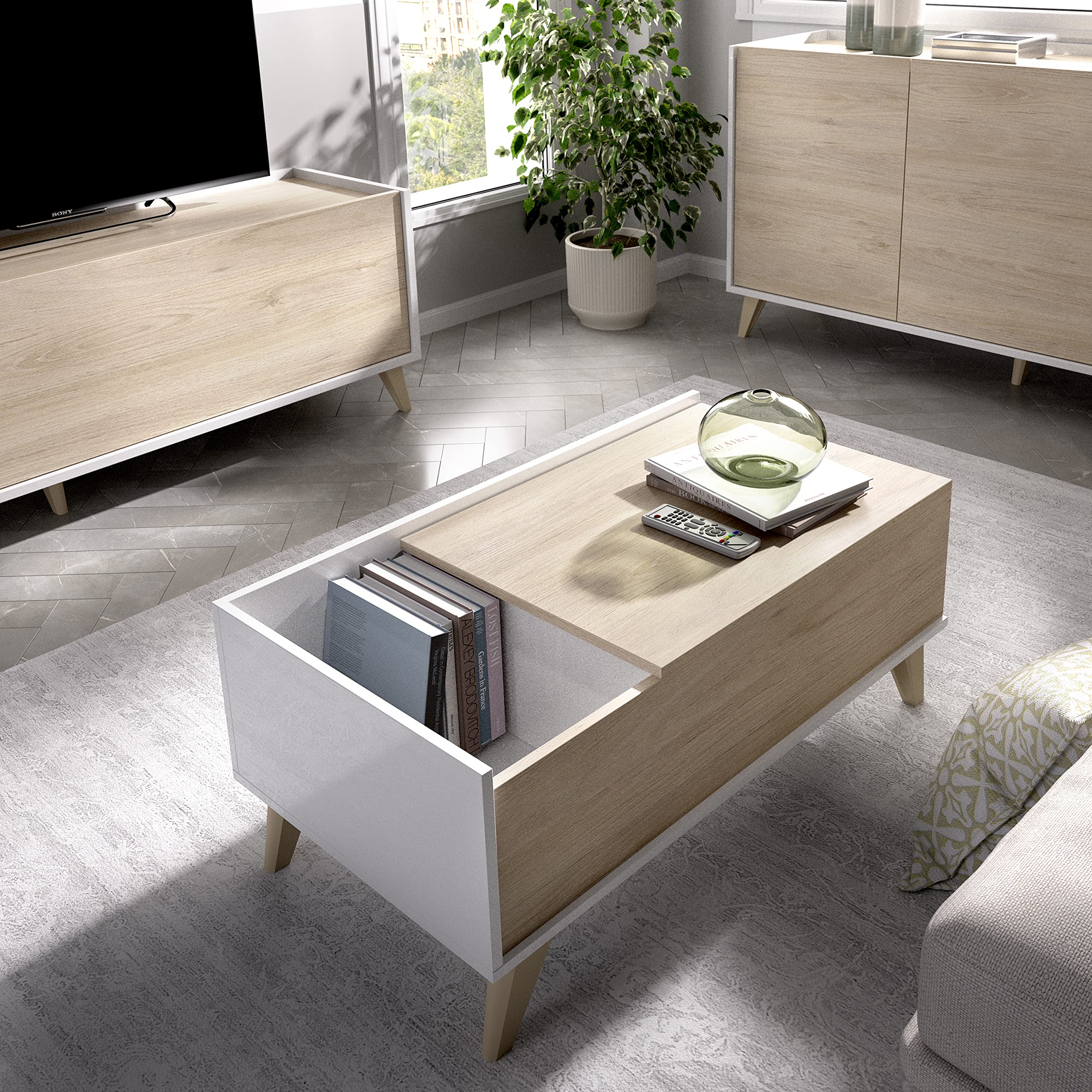 DEKIT GRUPO RIMOBEL Ness - Table Basse relevable Ness - Blanc/Naturel - 41 x 99 x 60 cm