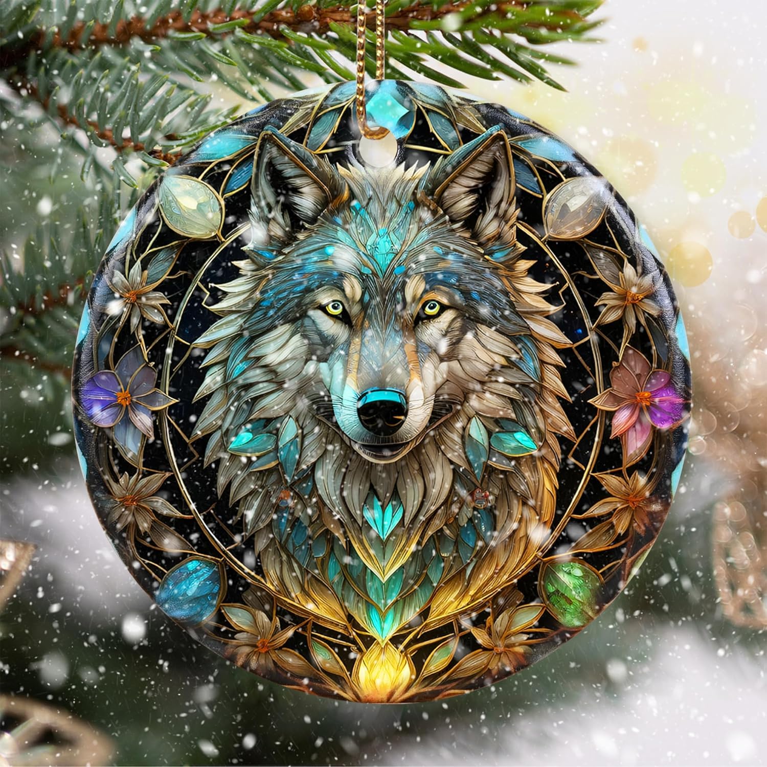 Stained Ceramic Wolf Ornament - Wolf Christmas Ornaments - Christmas Tree Ornaments - Christmas Decorations - Wolf Decor for Office, Room, Home - Holiday Present Ideas