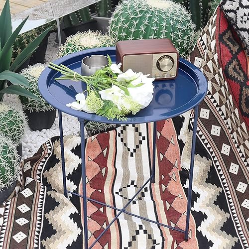 Miniatura 7 de Garden 4 you Mesa auxiliar de metal, 2 piezas, bandeja plegable redonda azul oscuro, mesa plegable para sofá cian, mesa plegable pequeña, bandeja de