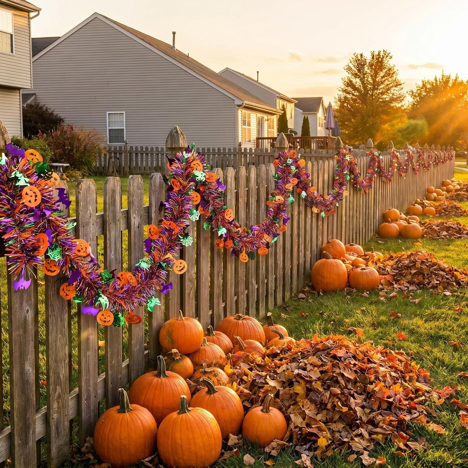 XIYAO 60Ft Halloween Tinsel Garland, Pumpkin Bat Pattern Orange Purple Green Black Metallic Foil Hanging Decorations for Halloween Party Home Yard Tree Shopping Mall Spooky Atmosphere Decor