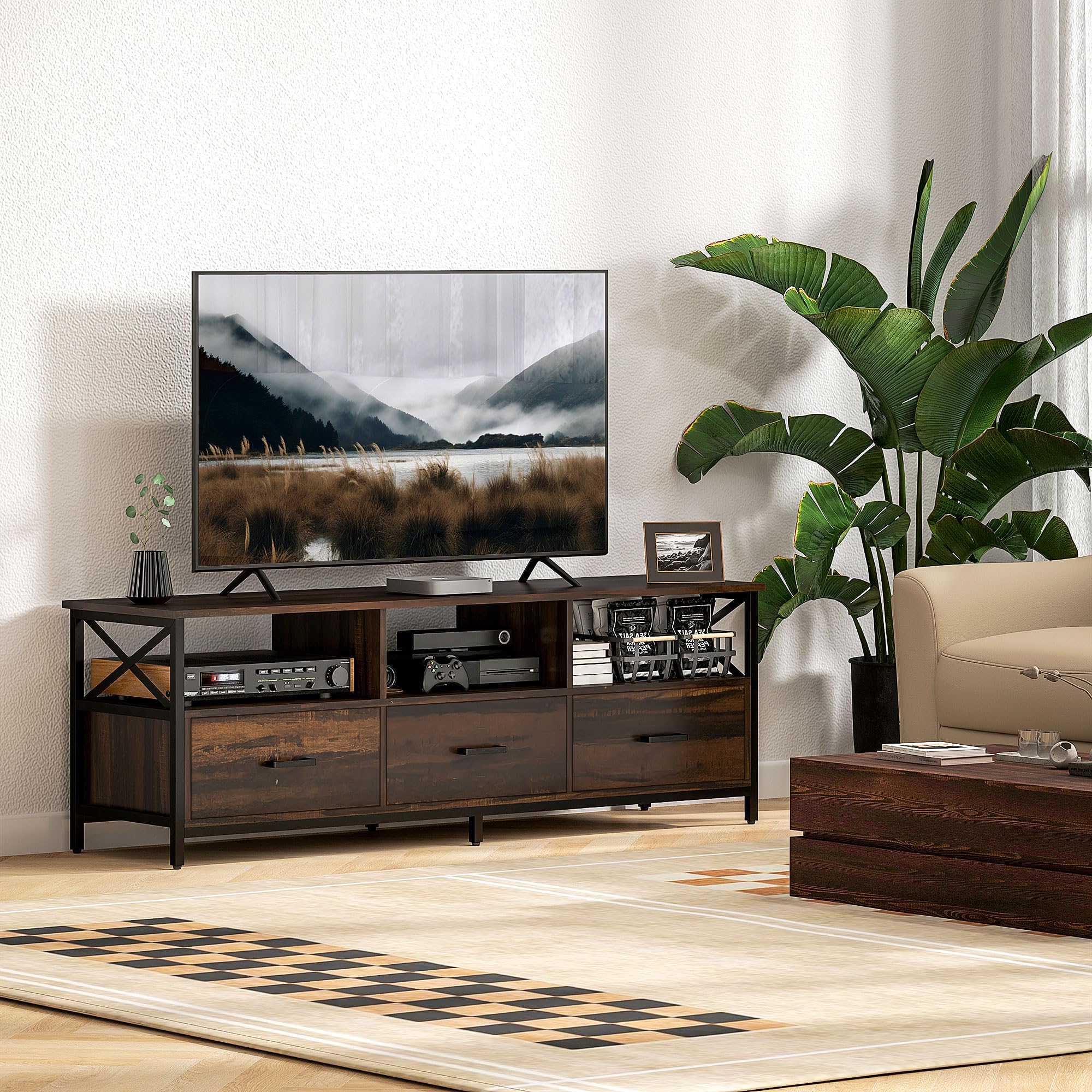 HOMCOM Mobile TV Stile Industriale, Max 65 Pollici, Con 3 Cassetti E 3 Ripiani Aperti, Struttura In Legno E Metallo, 147x40x50 Cm, Nero/marrone - 2
