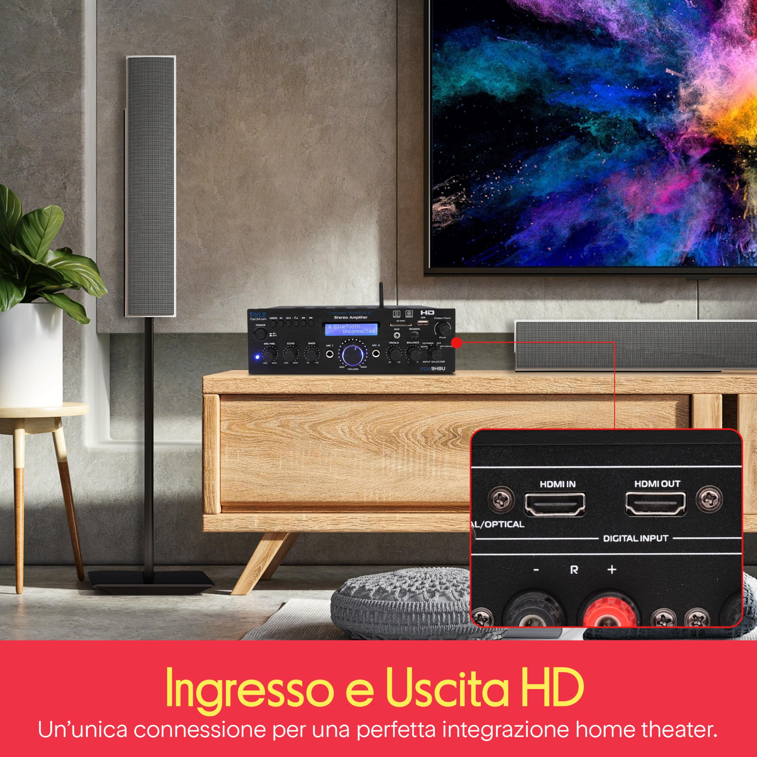 Pyle Amplificatore Audio Stereo Bluetooth Wireless per Casa, Amplificatore Multicanale 200 Watt, Ricevitore Audio con HDMI, USB/SD, AUX, RCA, Radio FM