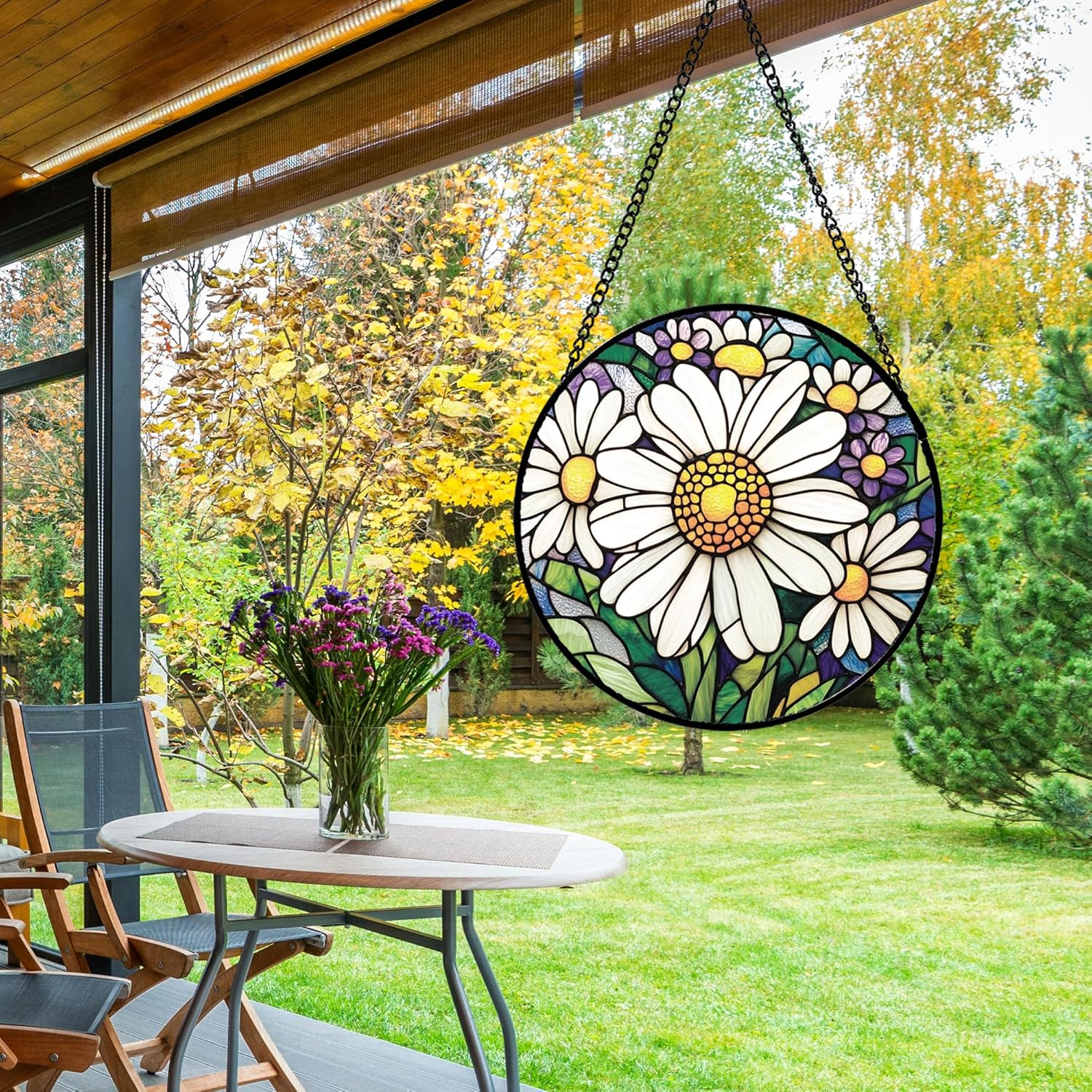 Stained Glass Window Hanging - White Daisy Suncatcher for Door Garden Patio Birth Flower Sun Catchers Decor Christmas Mother's Day Birthday Gifts for Women Mom Nana Aunt Friend 11.8 in