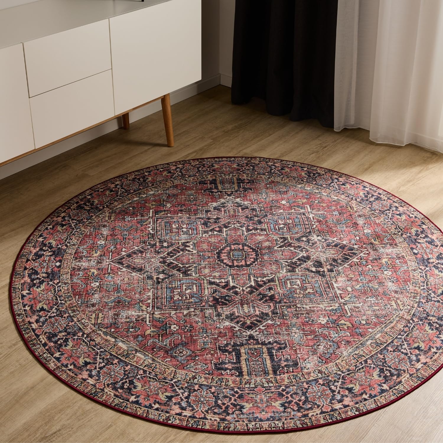benuta Basic Waschbarer Teppich George - Multicolor/Beige 160 cm rund - Kunstfaser - rund & im Style: Vintage, Elegant, Retro - Pflegeleicht für Wohnzimmer Schlafzimmer